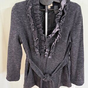 Venario Wool Jacket with Ruffled Collar, Zip Front and Tie Belt